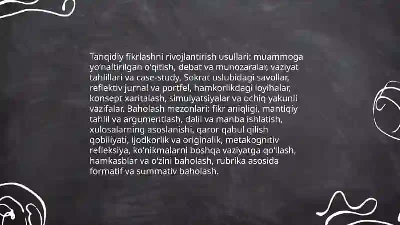 Xl asr koʻnikmalarini shakllantirish yoʻllari fikrlashni baxolash 4