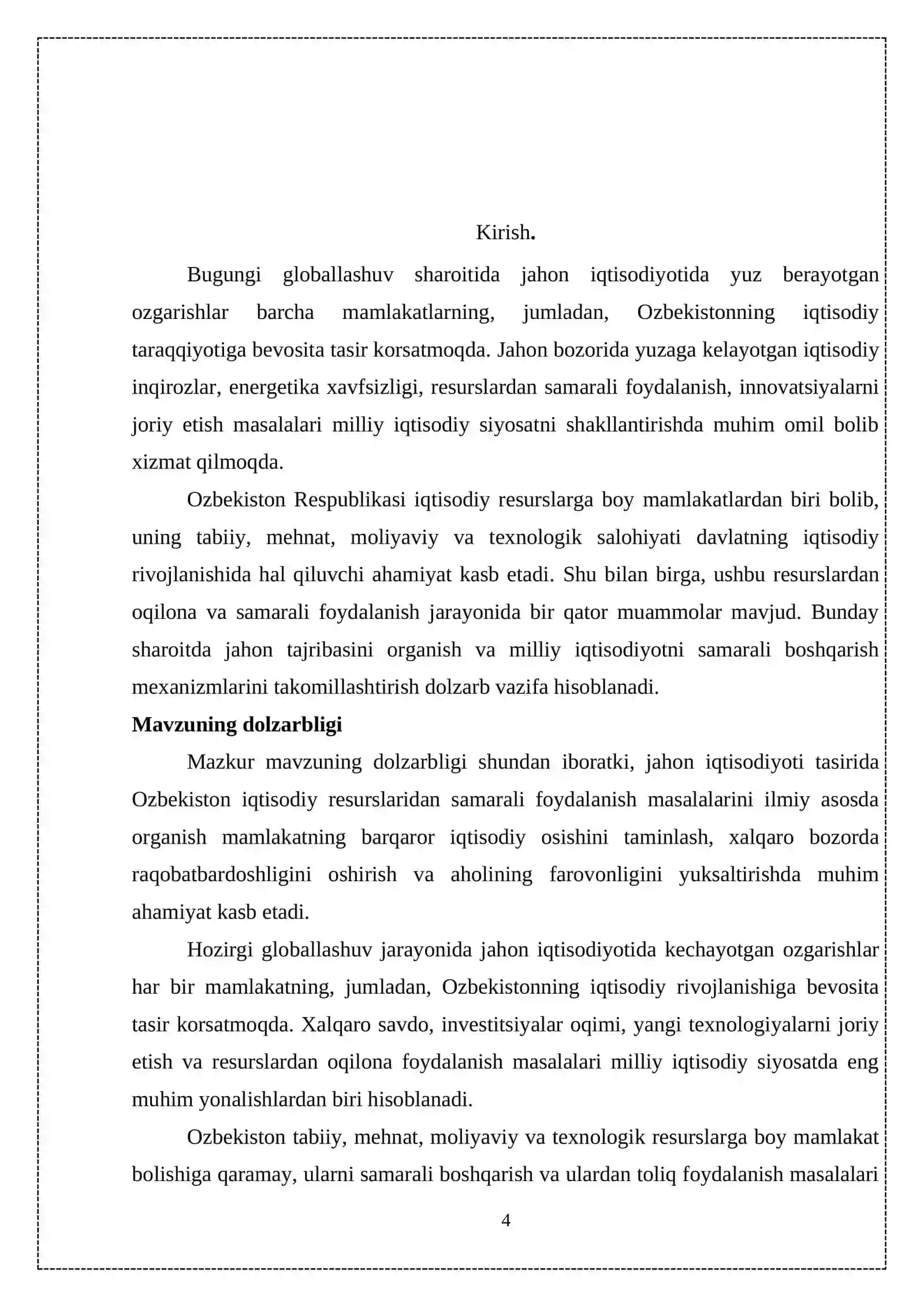 "INNOVATSION IQTISODIYOT" fanidan  "Jahon iqtisodiyoti ta’sirida O‘zbekistonning iqtisodiy resurslaridan samarali foydalanish   muammolari" mavzusida  KURS ISHI 4
