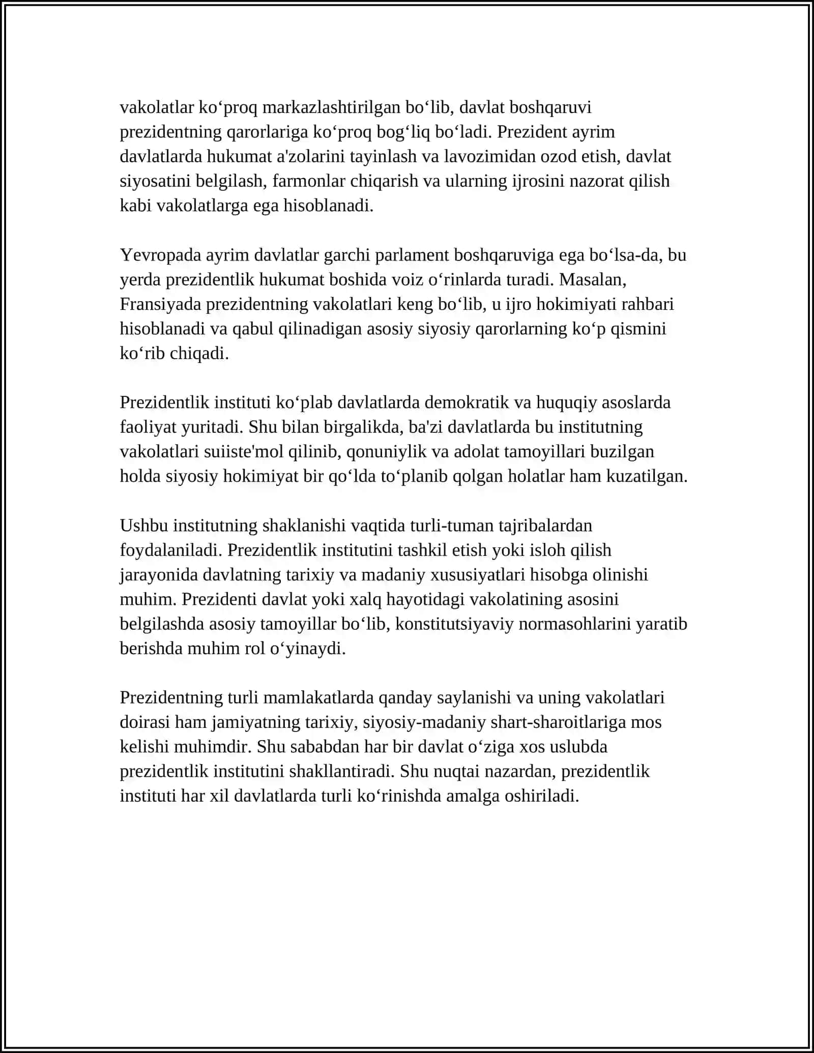 O’ZBEKISTON RESPUBLIKASI PREZIDENTINING HUQUQIY HOLATLARI 4