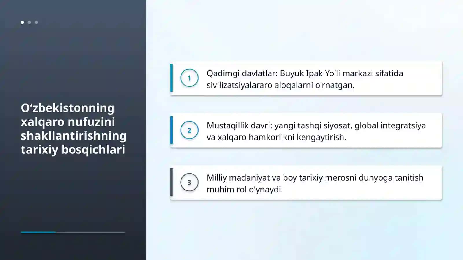 Mavzu: Oʻzbekistonning xalqaro miqyosdagi ijobiy nufuzini keng targʻib qilish asoslari. 4