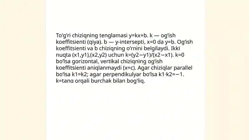 Tekislikdagi chiziqlar va toʻgʻri chiziqning tenglamalari 4