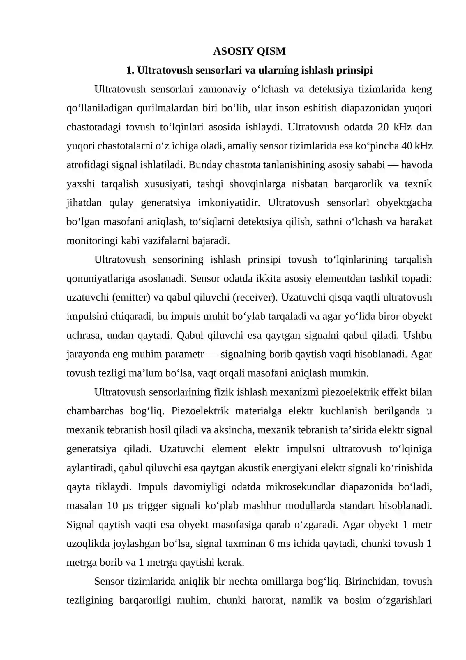 Ultratovush sensorlari va masofa aniqlash algoritmlari. Arduino bilan aqlli to‘siq aniqlash signalizatsiyasi. 4