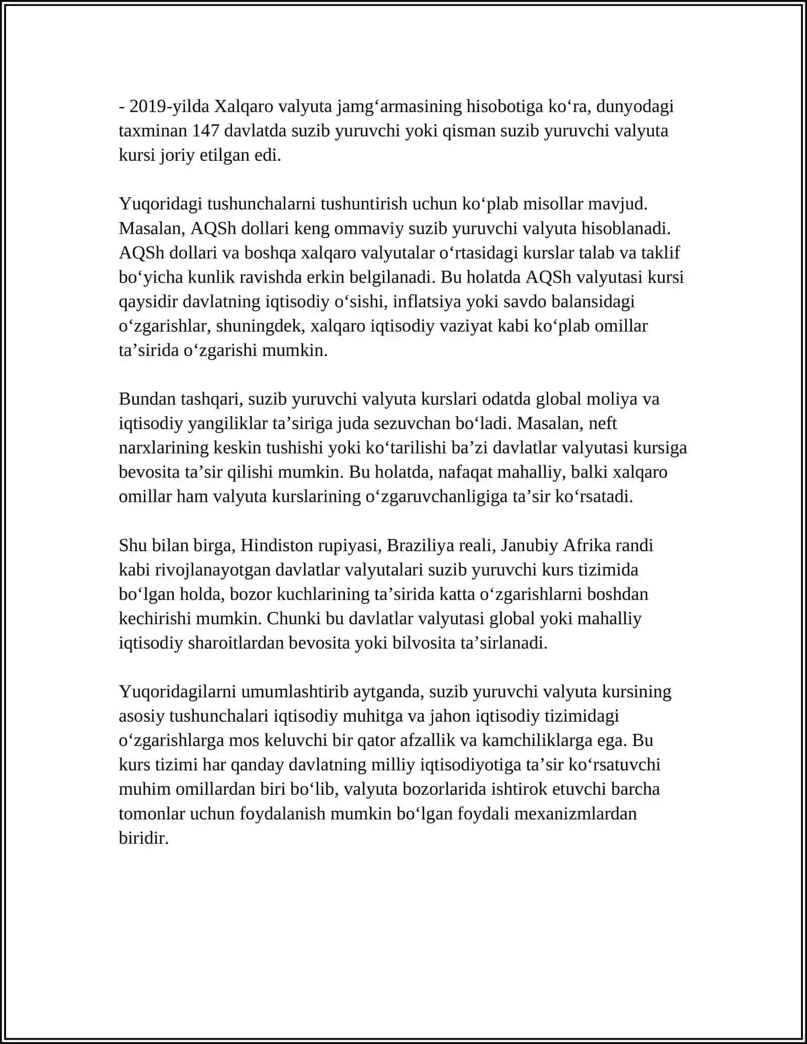 SUZIB YURUVCHI VALYUTA KURSI SHAROITIDA MAKROIQTISODIY SIYOSAT YURITISH XUSUSIYATLARI VA MUAMMOLARI 4