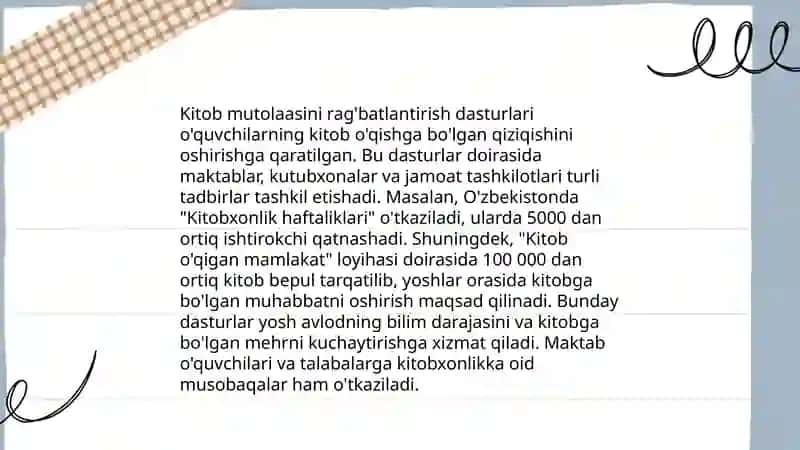 Maktablarda kitobxonlikni rivojlantirish va qoʻllab quvvatlash borasidagi ishlar 4