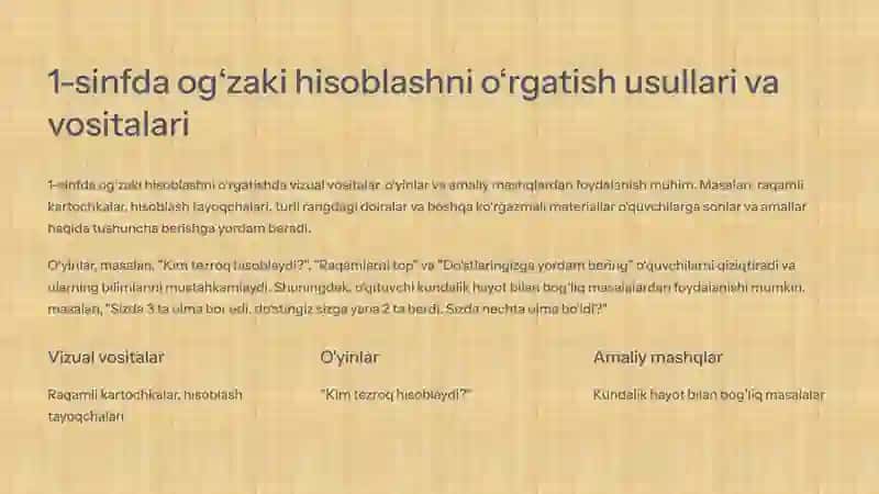 Boshlang‘ich sinflarda matematikadan og‘zaki hisoblashga o‘rgatish metodikasi 4