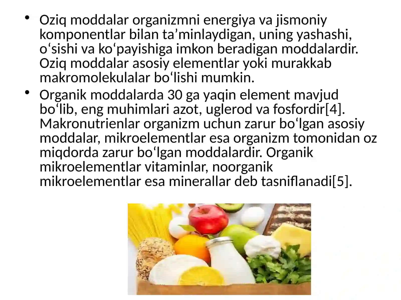 Gigiyena, harbiy gigiyena. Tibbiy ekologiya fanidan, Asosiy oʻquvi moddalar: oʻqsillar, yogʻlar, karbonsuvlar mineral moddalar, vitaminlarning biologik oʻrniva asosiy manbalari 4