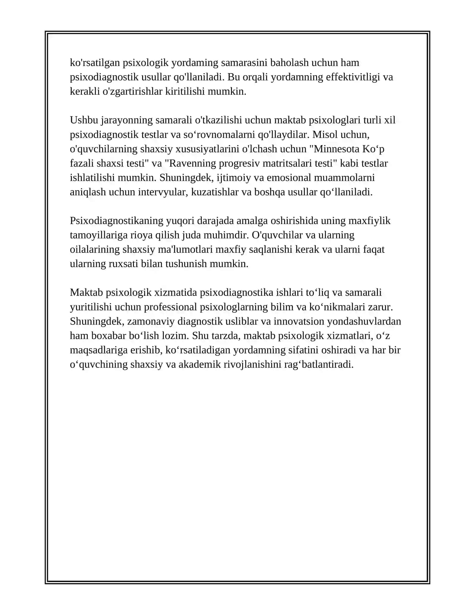 MAKTAB PSIXOLOGIK XIZMATIDA PSIXODIAGNOSTIKA. KLINIK PSIXODIAGNOSTIKA 4