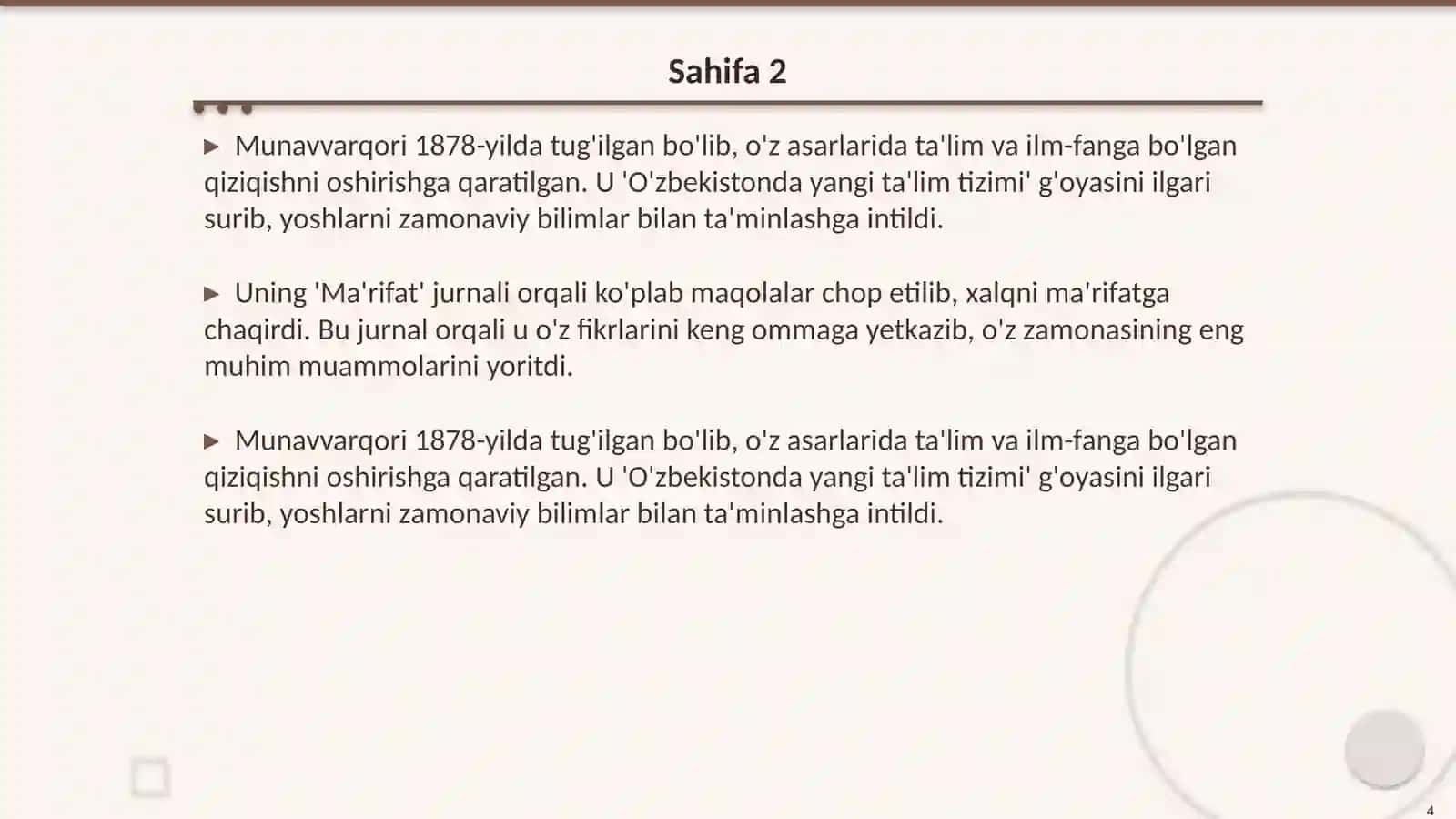 Jadid ma'rifatparvarlarning o'lka ijtimoiy-ma'naviy hayotida tutgan o'rni (Munavvarqori,Avloniy, Qodiriy va boshqalar) 4