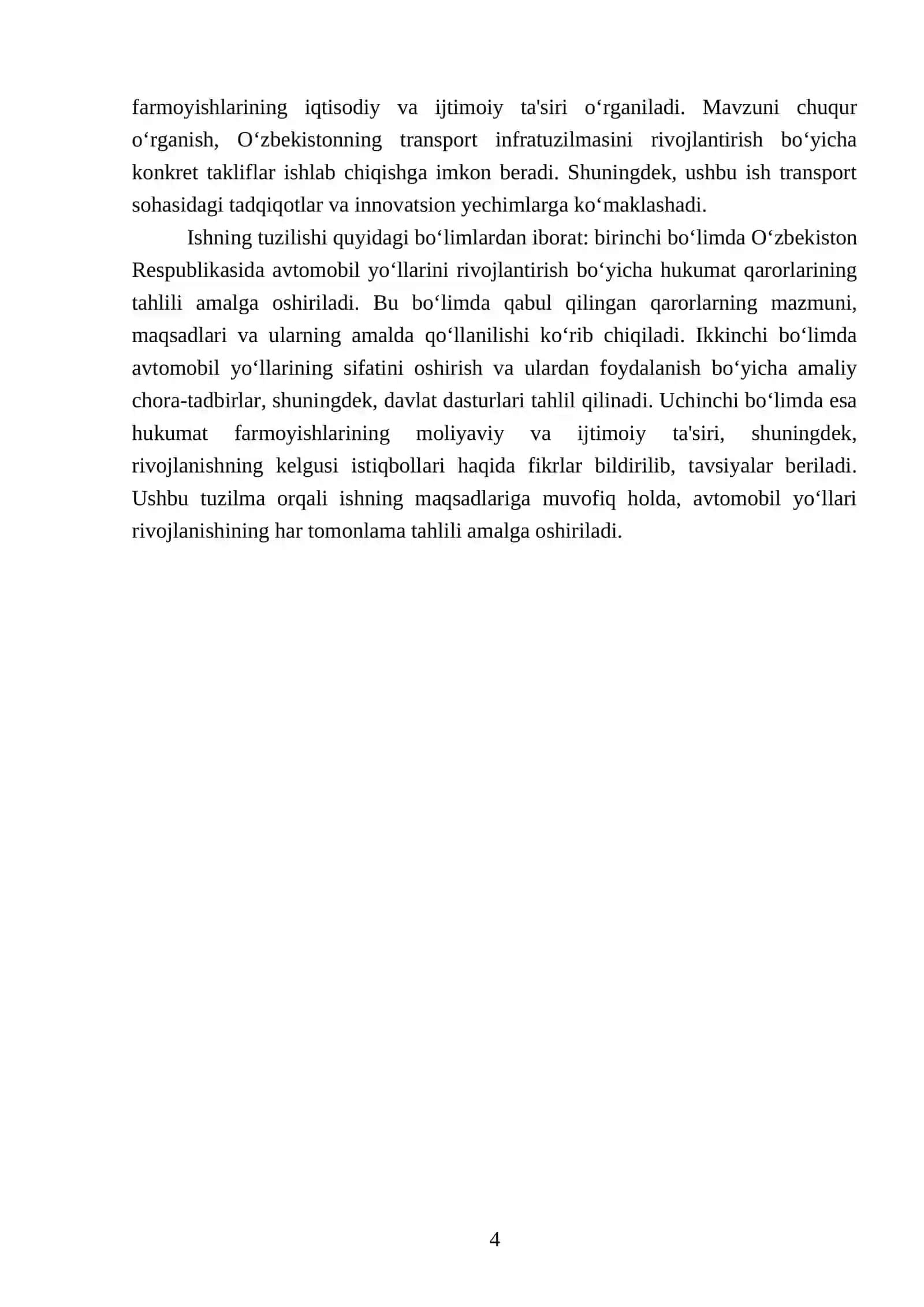 Avtomobil yo‘llarining rivojlanishi bo‘yicha hukumat qarorlari va farmoyishlarini o‘rganish 4