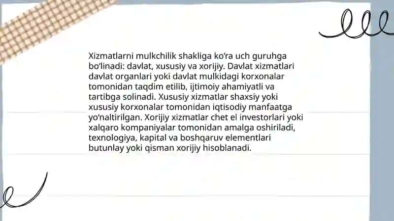 XIZMАT KO‘RSАTISH SОHАSIDА FАОLIYАT TURLАRINING KLАSSIFIKАTSIYАSI 4