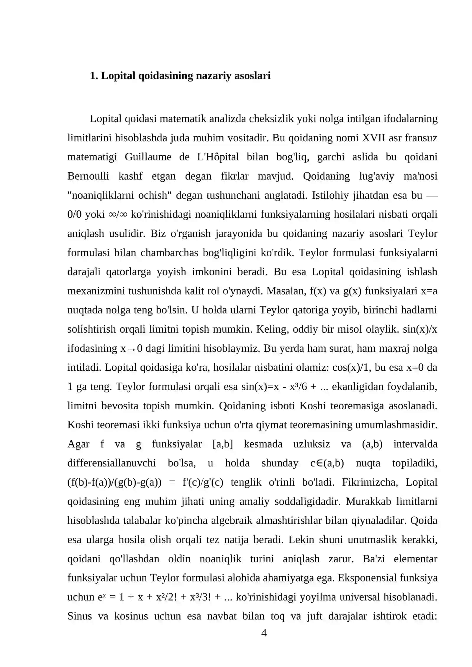 Lopital qoidasi. Teylor formulasi. Ba`zi bir elementar funksiyalar uchun Teylor formulasi 4