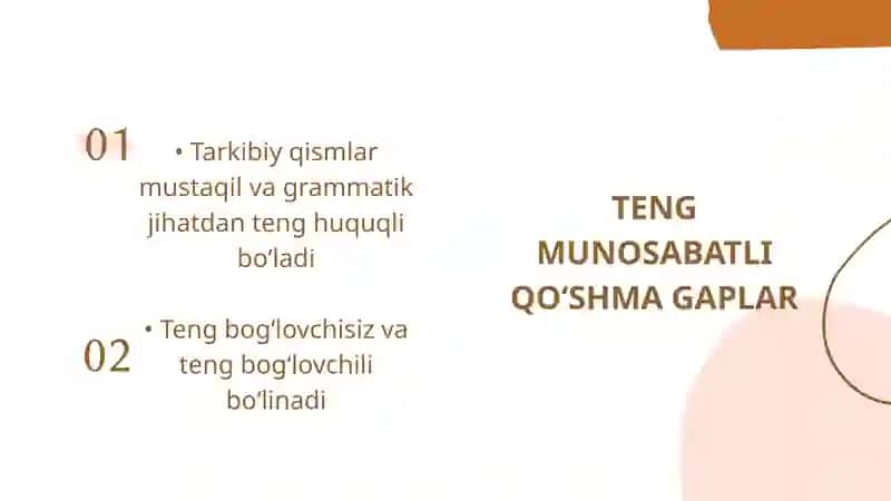 Qo‘shma gap tipik turlari va ularning tahlili. Teng munosabatli qo‘shma gaplar tahlili 4