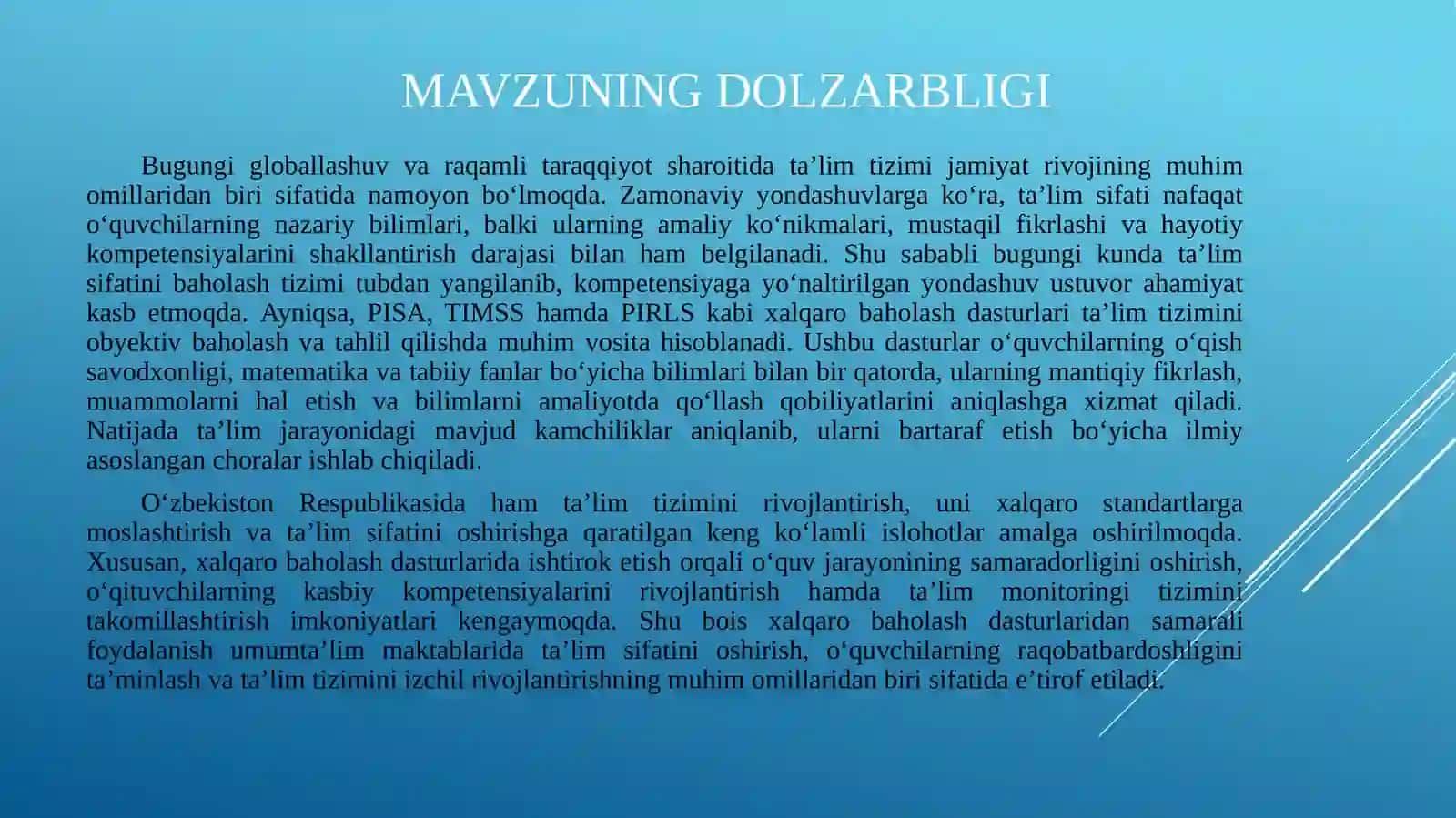 UMUMTA‘LIM MAKTABLARIDA TA‘LIM SIFATINI OSHIRISHDA XALQARO BAHOLASH DASTURLARI(PISA, TIMSS,PIRLS)NING AHAMIYATI 4