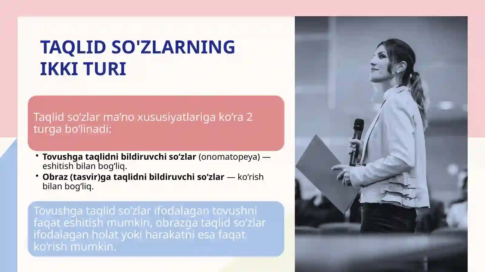 Taqlid so'zlar va ularning turlari. Ularning grammatik xususiyatlari 4