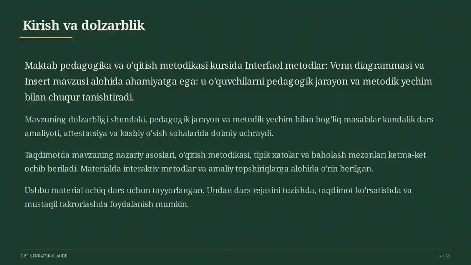 Interfaol metodlar: Venn diagrammasi va Insert 4