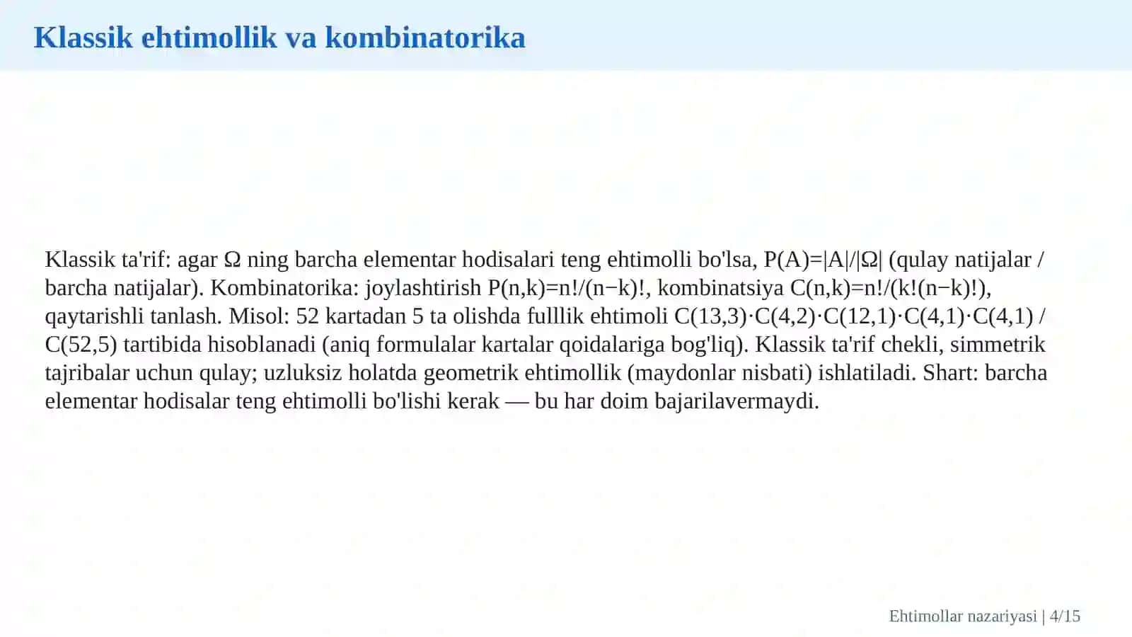 Ehtimollar nazariyasi va matematik statistika 4