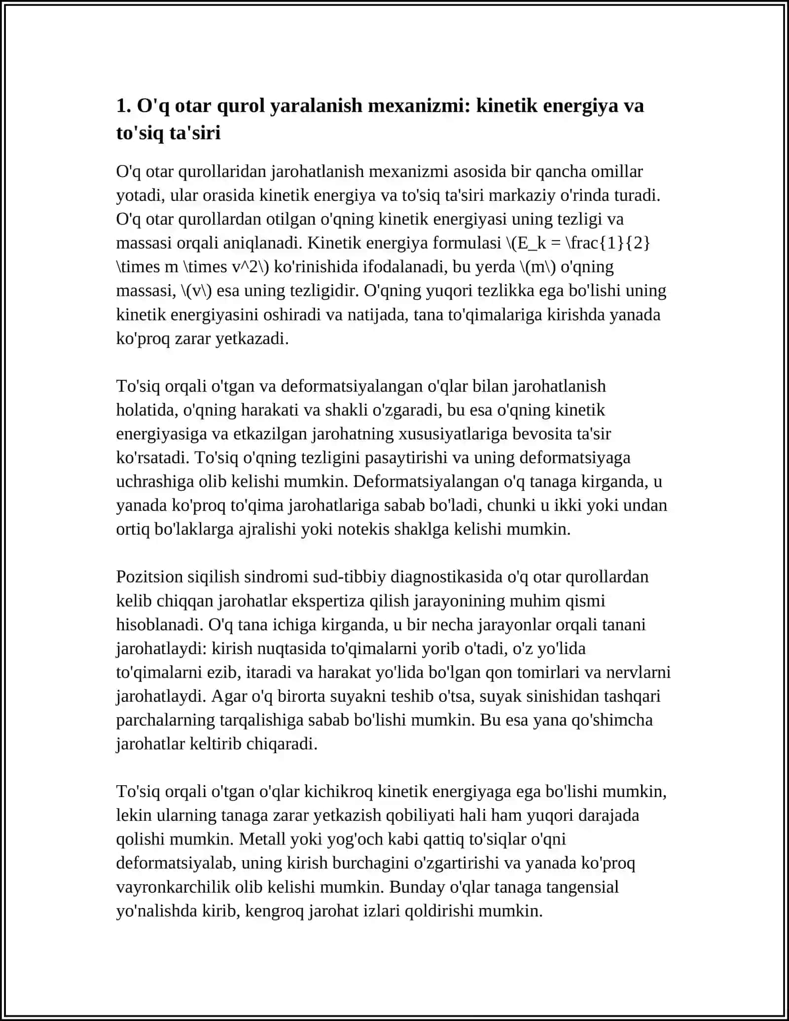 O'Q OTAR QUROLDAN JAROHATLANISH MEXANIZMI. TO'SIQ ORQALI VA DEFORMATSIYALANGAN O'QLAR BILAN JAROHATLANISH XUSUSIYATLARI. POZITSION SIQILISH SINDROMINING SUD - TIBBIY DIAGNOSTIKASI 4