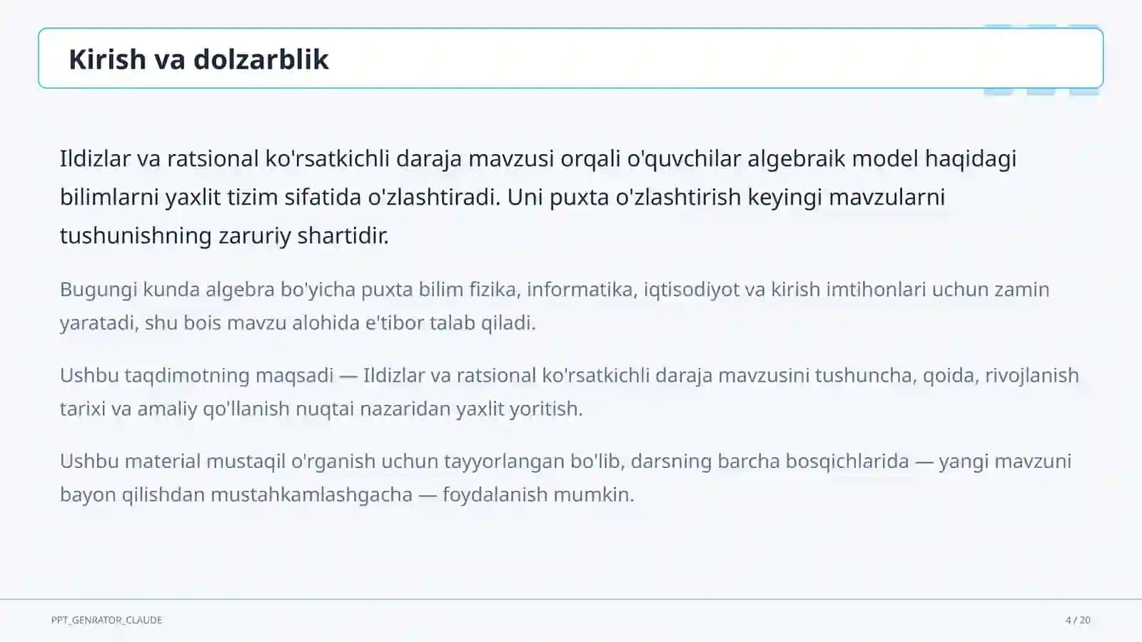 Ildizlar va ratsional ko'rsatkichli daraja (10-sinf) 4