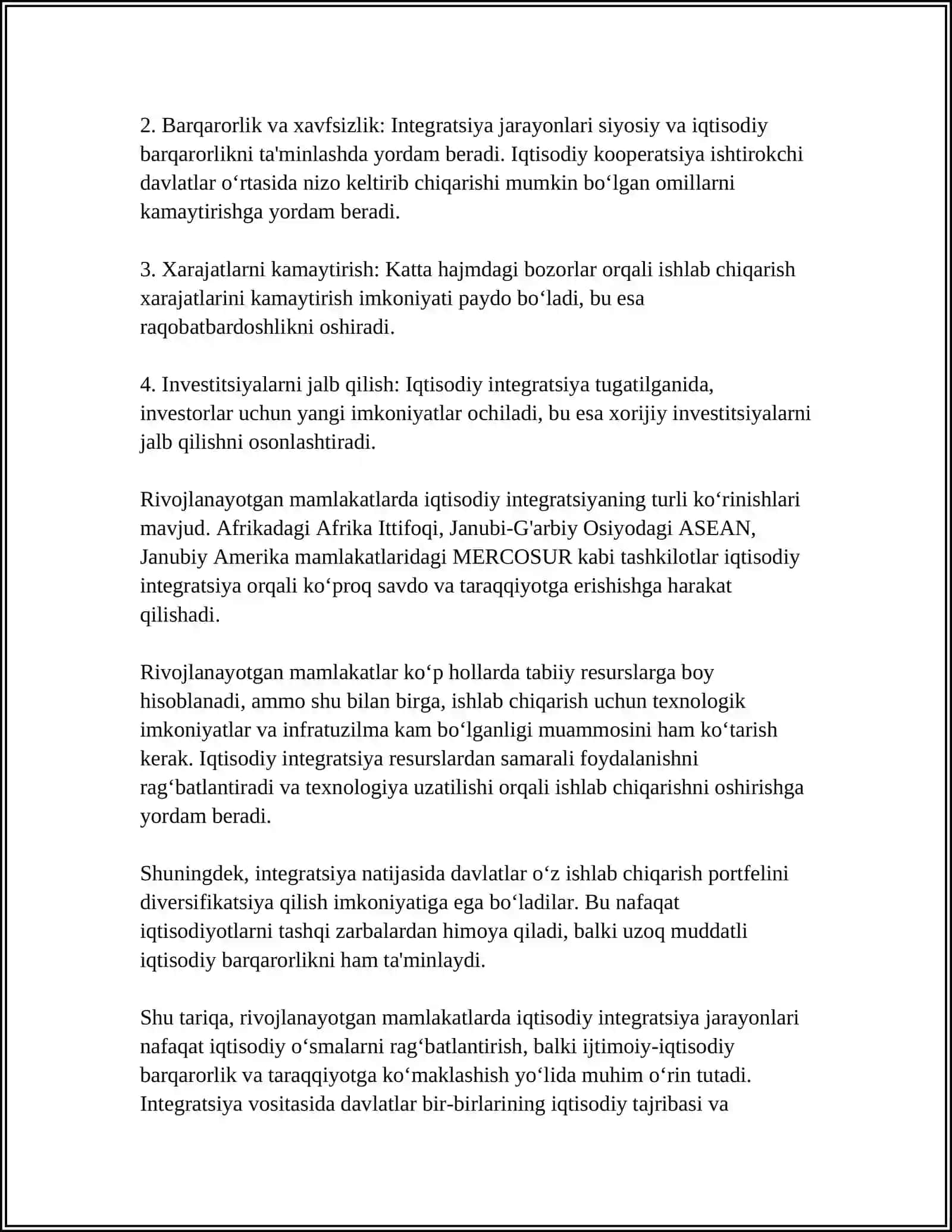 RIVOJLANAYOTGAN MAMLAKATLARNING IQTISODIY INTEGRATSIYASI 4