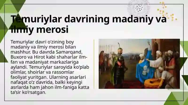 A.Temur va Temuriylar davri renessansi. “Temur tuzuklari” va uning hozirgi davrdagi ahamiyati. Mirzo Ulug‘bekning jahon ilm-fani rivojida tutgan o‘rni 4