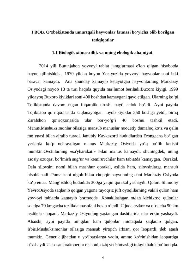 Zoologiya Oʻzbekiston hududiga oxirgi on yillikda kirib kelgan umurtqali hayvon ularning biologik xilma xillikga tasiri kurs ishi 4