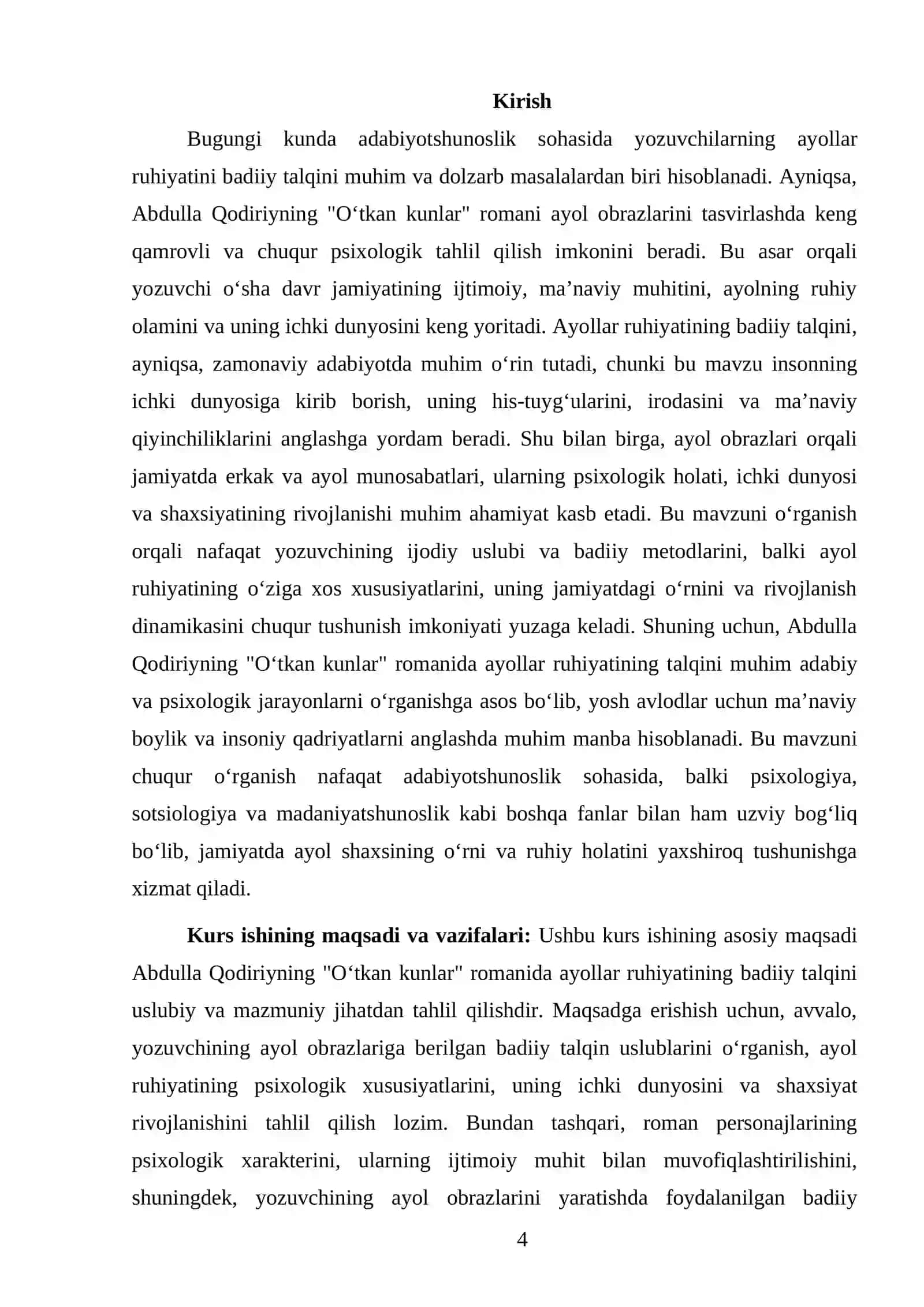 ABDULLA QODIRIYNING "O‘TKAN KUNLAR" ROMANIDA AYOLLAR RUHIYATINING BADIIY TALQINI 4