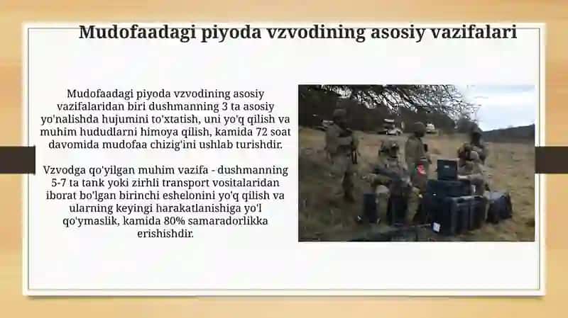 Mudofaadagi piyoda vzvodning jangovar tartibi, vazifasi va xarakatlanishi 4