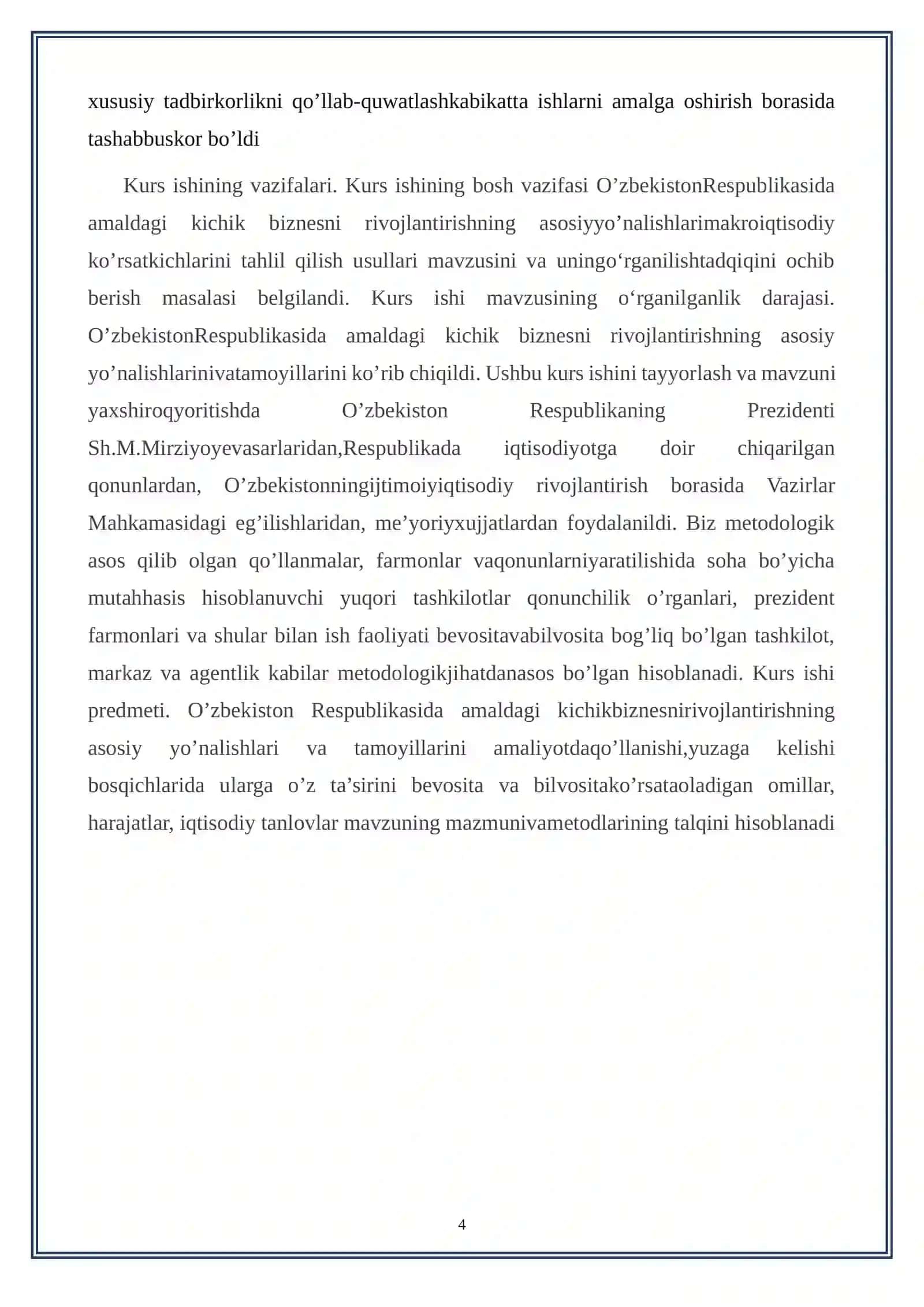 O’zbekiston Respublikasi kichik biznesni rivojlantirishning asosiy yo’nalishlari 4
