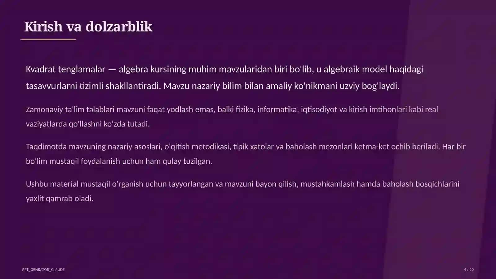Kvadrat tenglamalar (8-sinf) 4