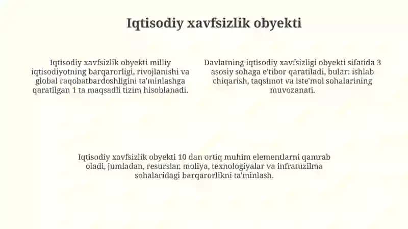 MAMLAKAT IQTISODIY XAVFSIZLIKGI TUSHUNCHASI OB'EKTI SUB'EKTI VA TURLARI 4