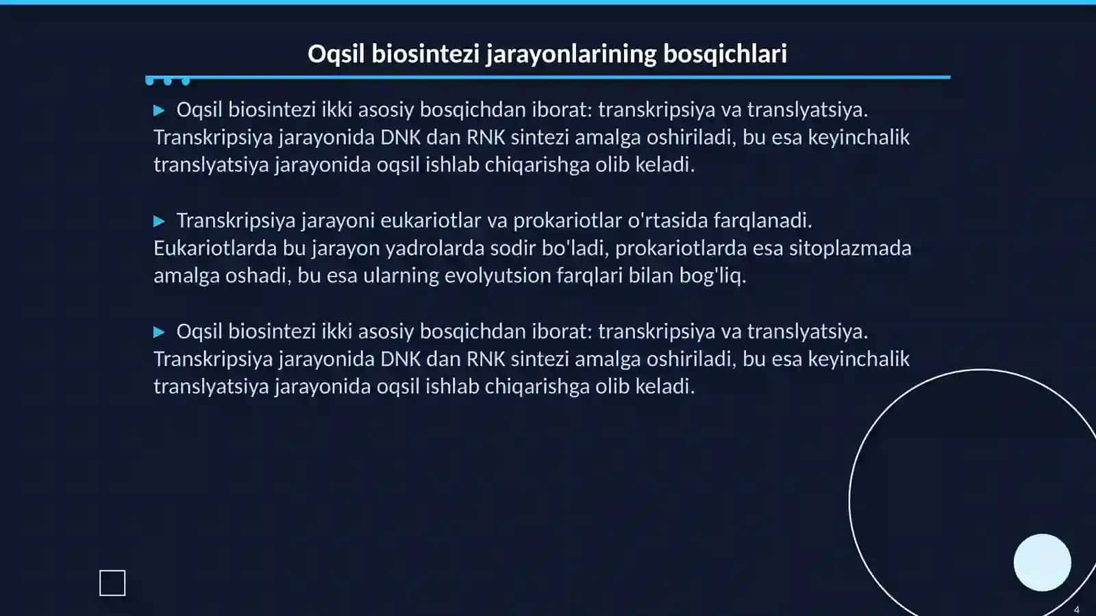Oqsil biosintezi, uning davrlari. Genetik kod boshqarilishi 4
