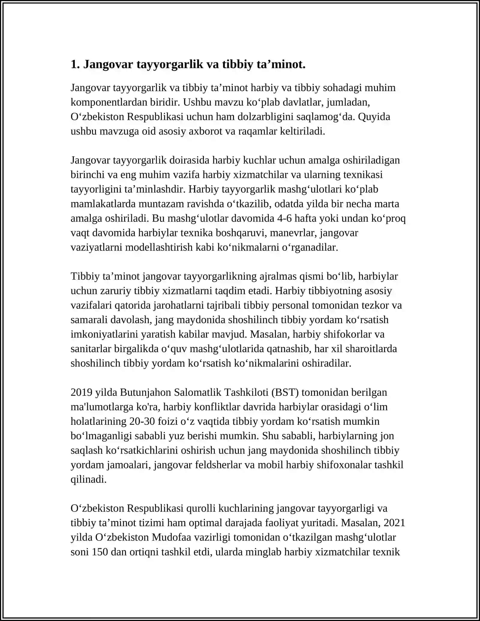 BOʻLINMALAR JANGOVOR TAYYORGARLIGINI TIBBIY TA'MINLASH BOʻLINMALARNING DOIMIY JANGOVOR SHAYLIGINI USHLAB TURISHNING ASOSIY MEZONLARIDAN BIRI JANGOVOR TAYYORGARLIK TURLARI VA HARBIY XIZMATCHILAR TAKTIK TIBBIY TAYYORGARLIGINI TASHKILLASHTIRISH XUSUSIYATLARI 4