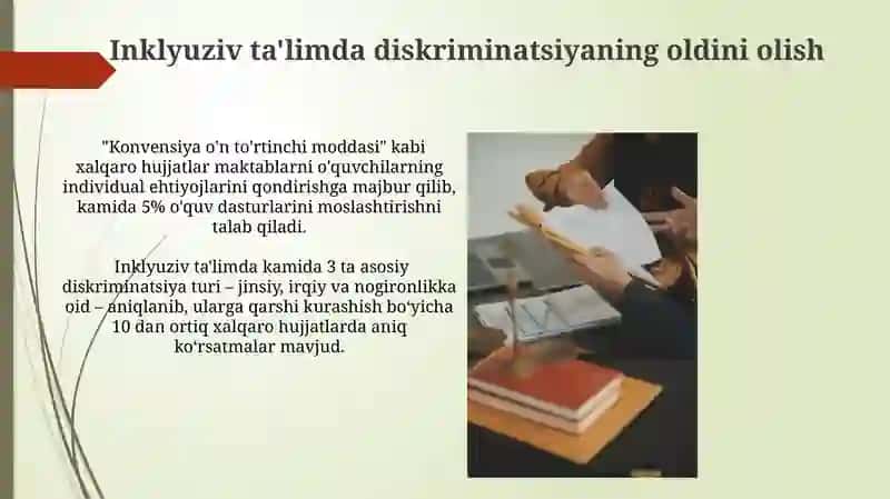 Inkulyuziv talim huquqiy asoslari xalqaro hujjatlarda taqdim qilish 4