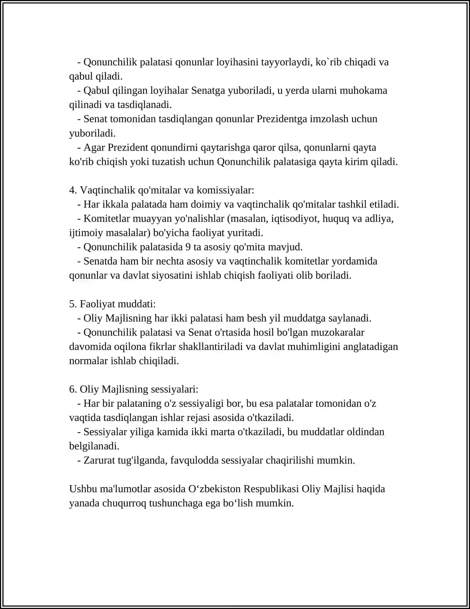MUSTAQIL ISH Mavzu: OʻZBEKISTON RESPUBLIKASI PARLAMENT TIZIMI VA UNDAGI ISLOHOTLAR 4