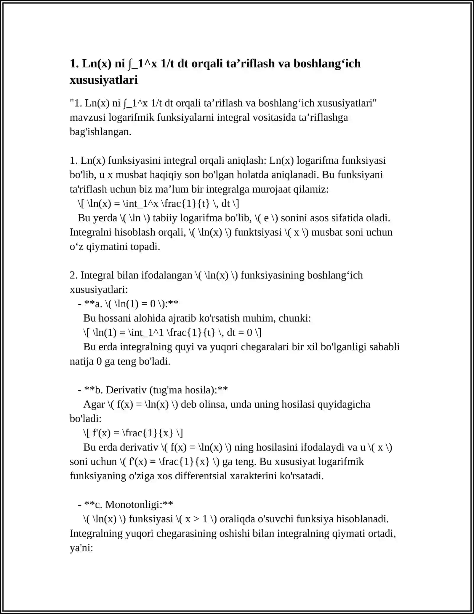 INTEGRAL YORDAMIDA LOGRAFIMIK FUNKSIYALARNI TA’RIFLASH 4