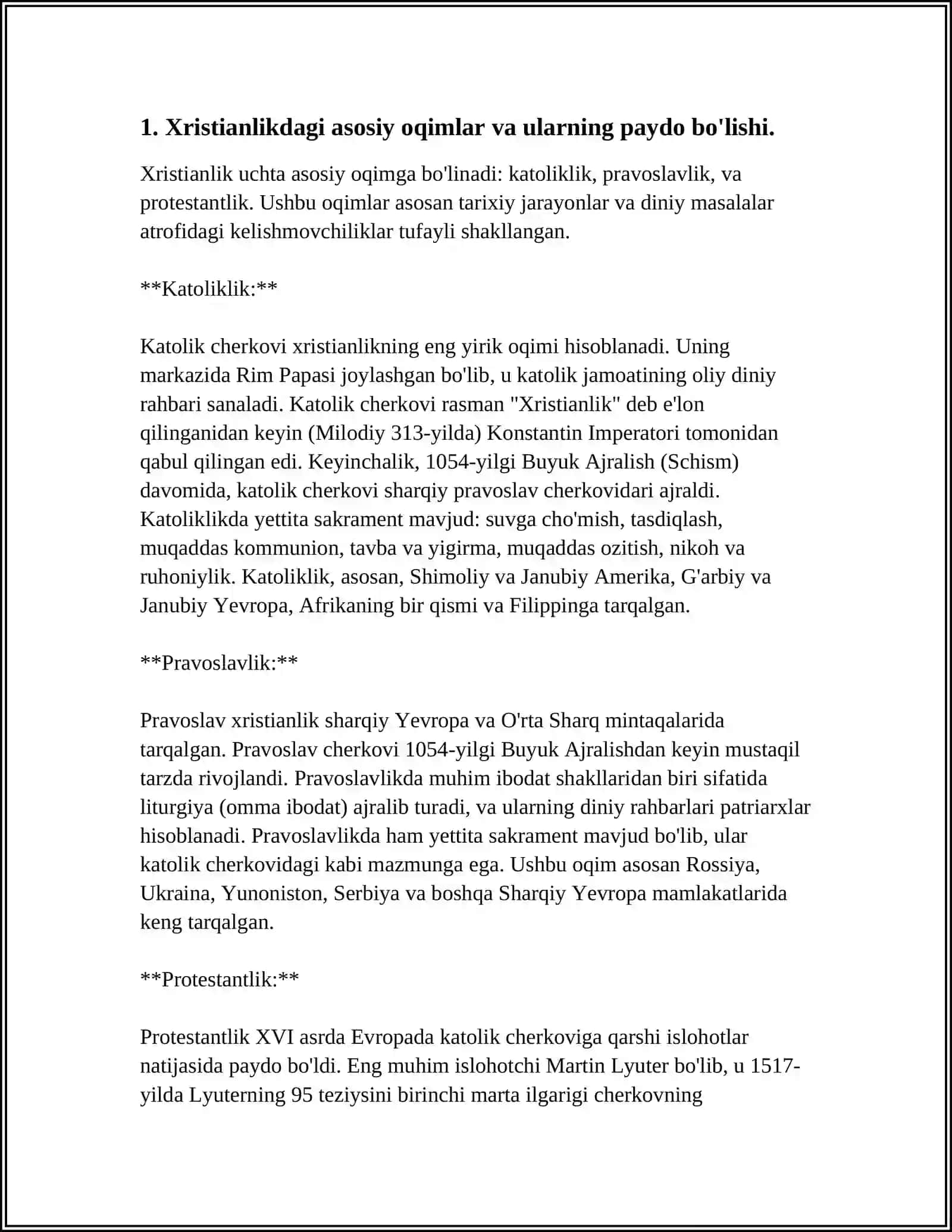 XRISTIANLIKDAGI ASOSIY OQIMLAR, KATOLIK, PROVESTLAV, PROTEZTANTIZM HAQIDA VA ULAR ORASIDAGI FARQLAR 4