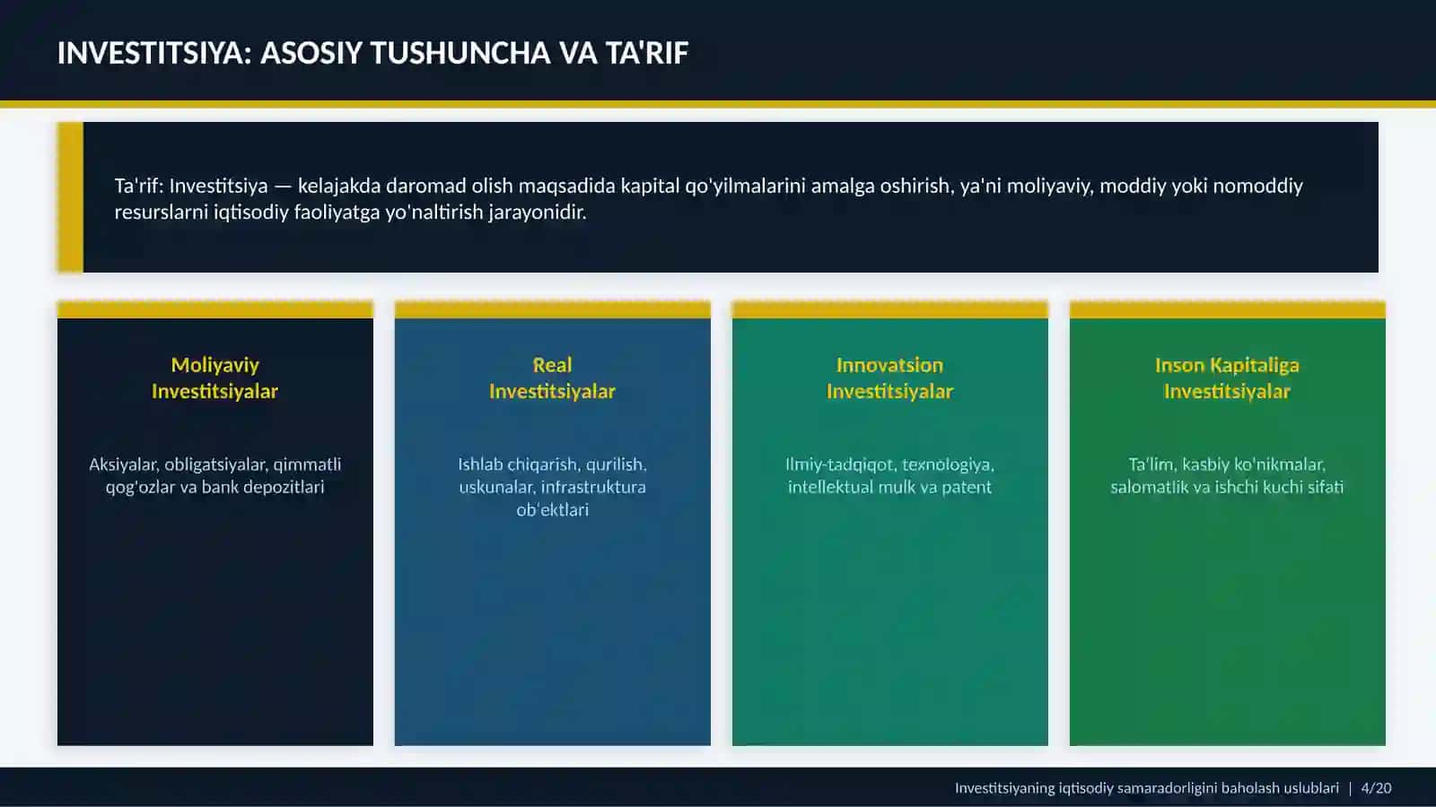 INVESTITSIYANING IQTISODIY SAMARASIDORLIGINI BAHOLASH USLUBLARI VA METODLARI 4