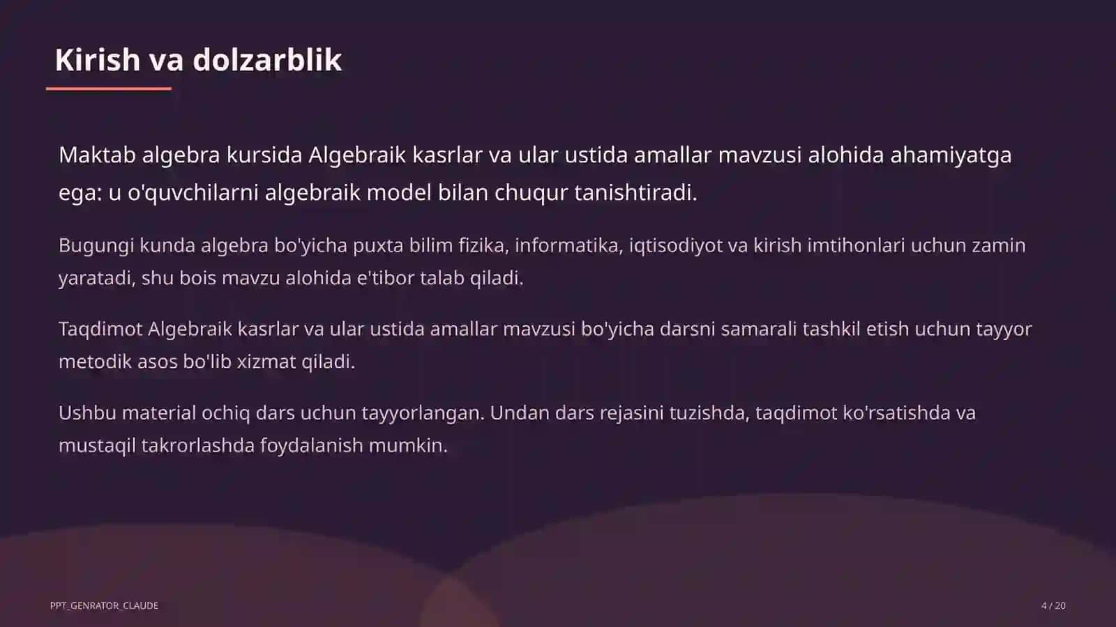 Algebraik kasrlar va ular ustida amallar (8-sinf) 4