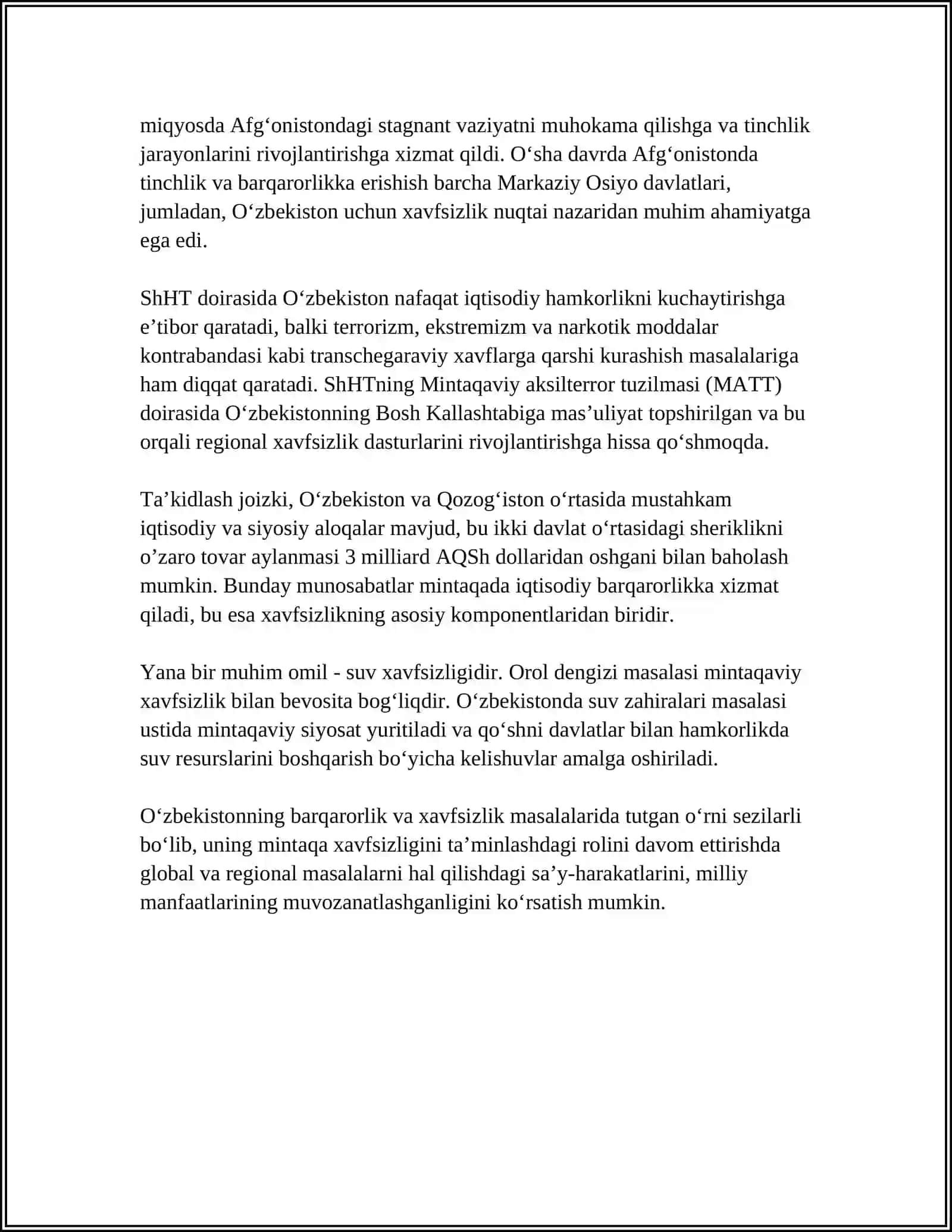 Oʻzbekistonning Markaziy Osiyodagi Tinchlik va Barqarorlik Taʼminlashdagi Oʻrni 4