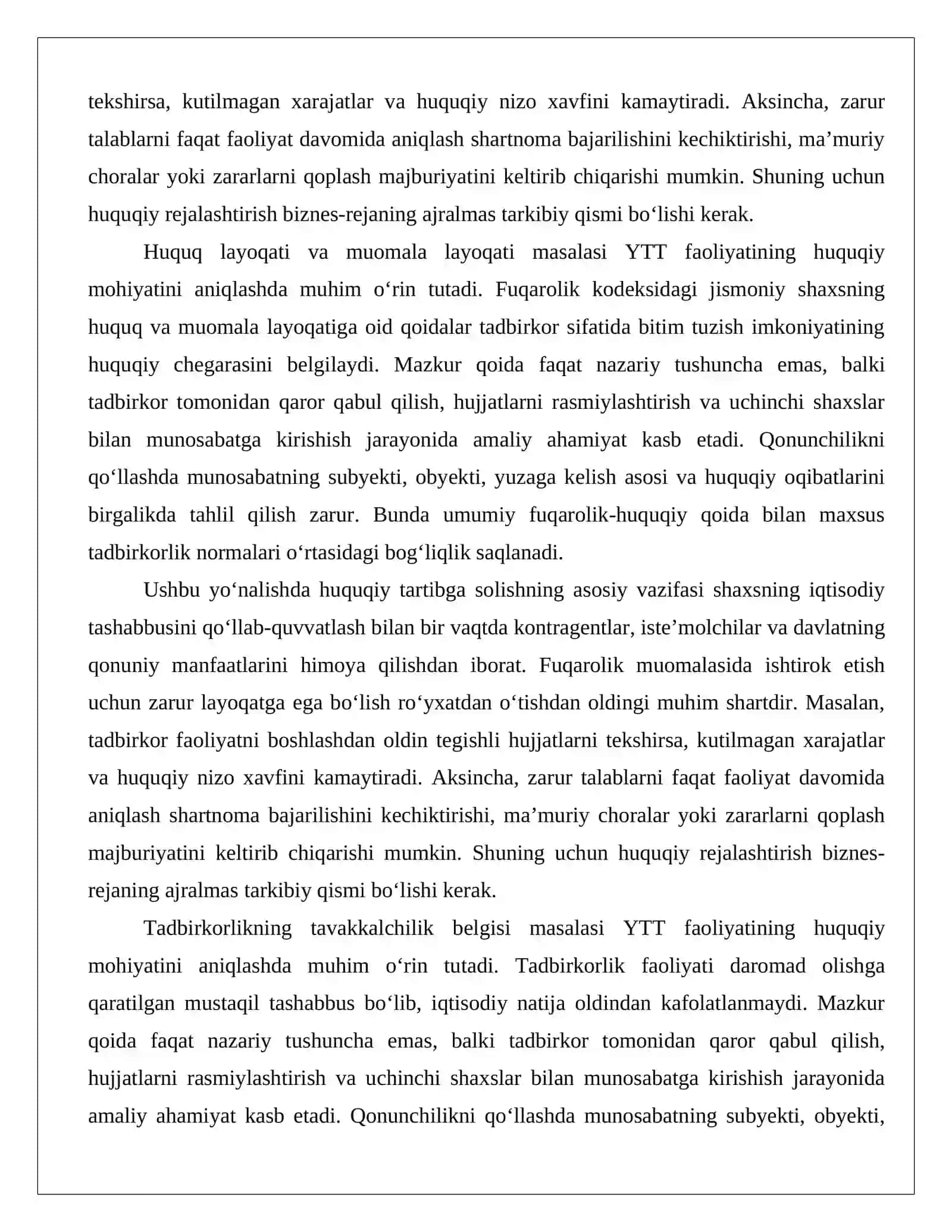 YTT faoliyatini huquqiy tartibga solish Davlat ro‘yxati, ruxsat etilgan faoliyat turlari va yuridik shaxs tashkil etgan tadbirkorlardan farqi referat.docx 4
