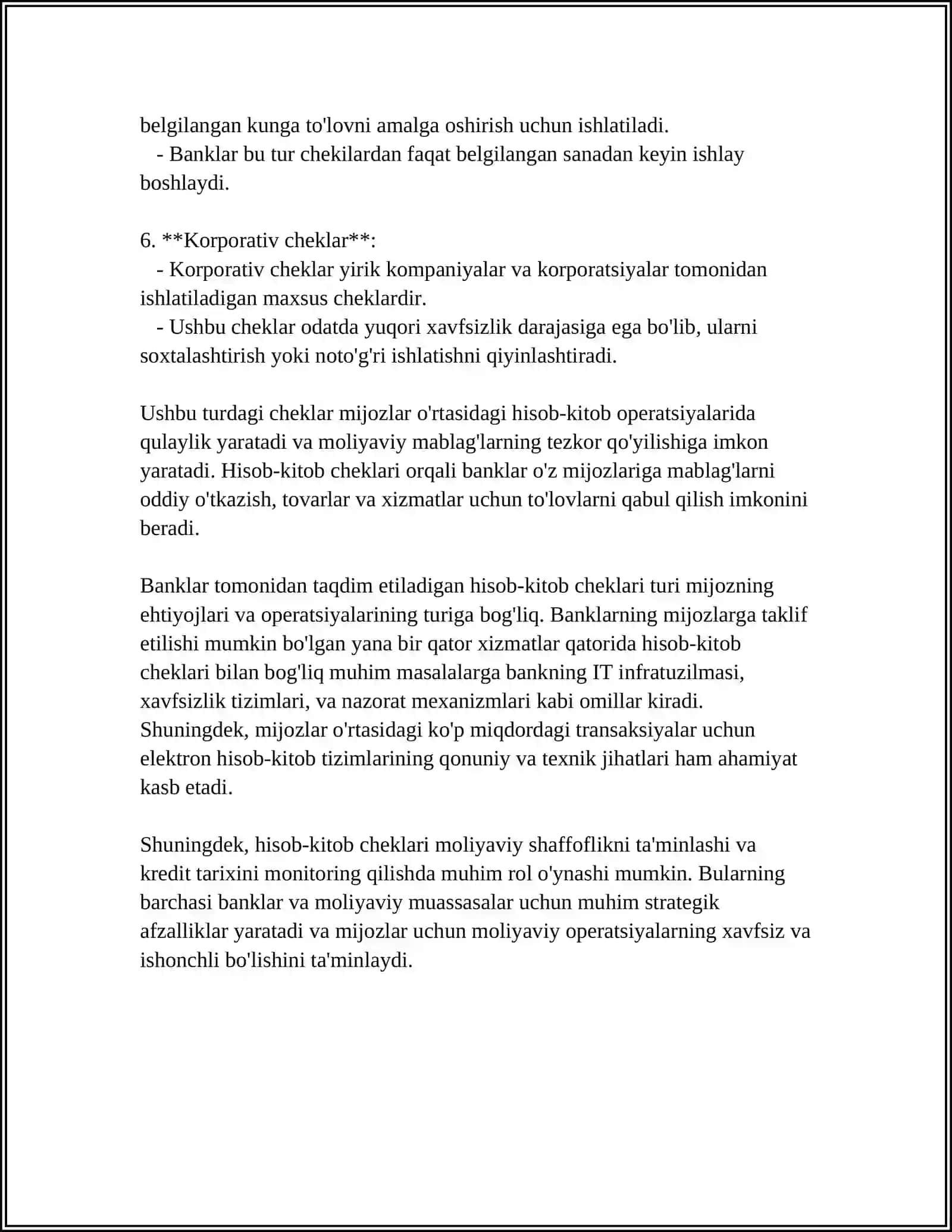 TIJORAT BANKLARINING HISOB-KITOB CHEKLARI BILAN HISOB-KITOBLAR QILISH VA ULARNING HISOBINI YURITISH 4