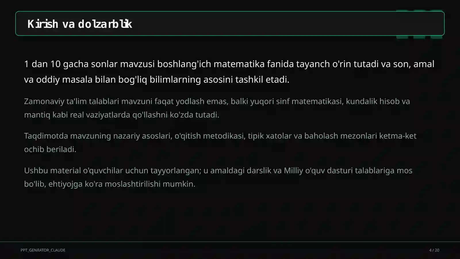 Boshlang'ich sinf: Matematika (1–4) 4