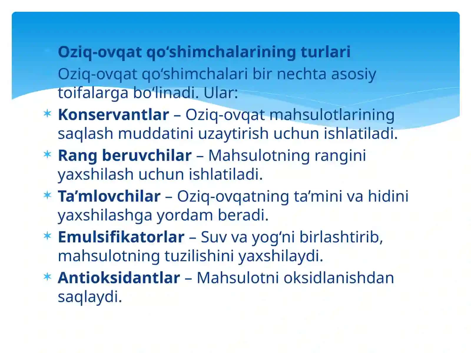 Oziq-ovqat mahsulotlari ishlab chiqarishda foydalaniladigan oziqa qo'shimchalari va ingredientlari 4