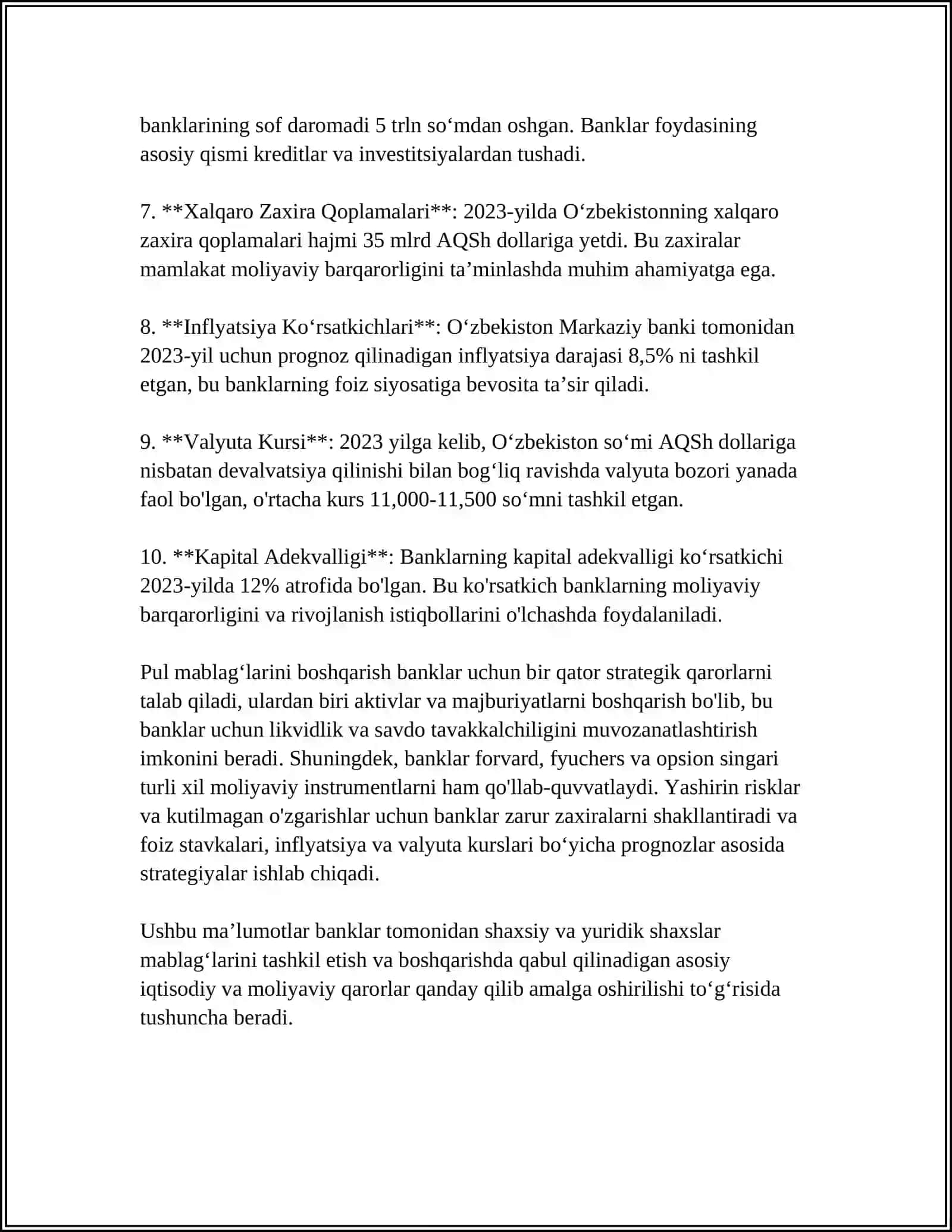 BANK MUASSASALARIDAGI PUL MABLAGʻLARI BOʻYICHA HISOB KITOB,VALYUTA SCHOTI VA BANKDAGI BOSHQA SCHOTLARNI HISOBINI TASHKIL QLISH 4