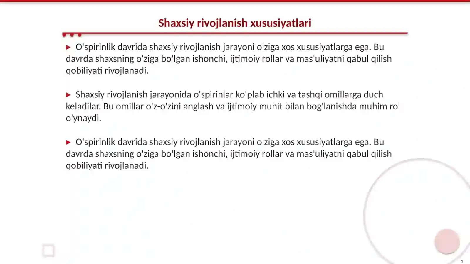 O‘spirinlik va yoshlik davrida psixik rivojlanish xususiyatlari 4