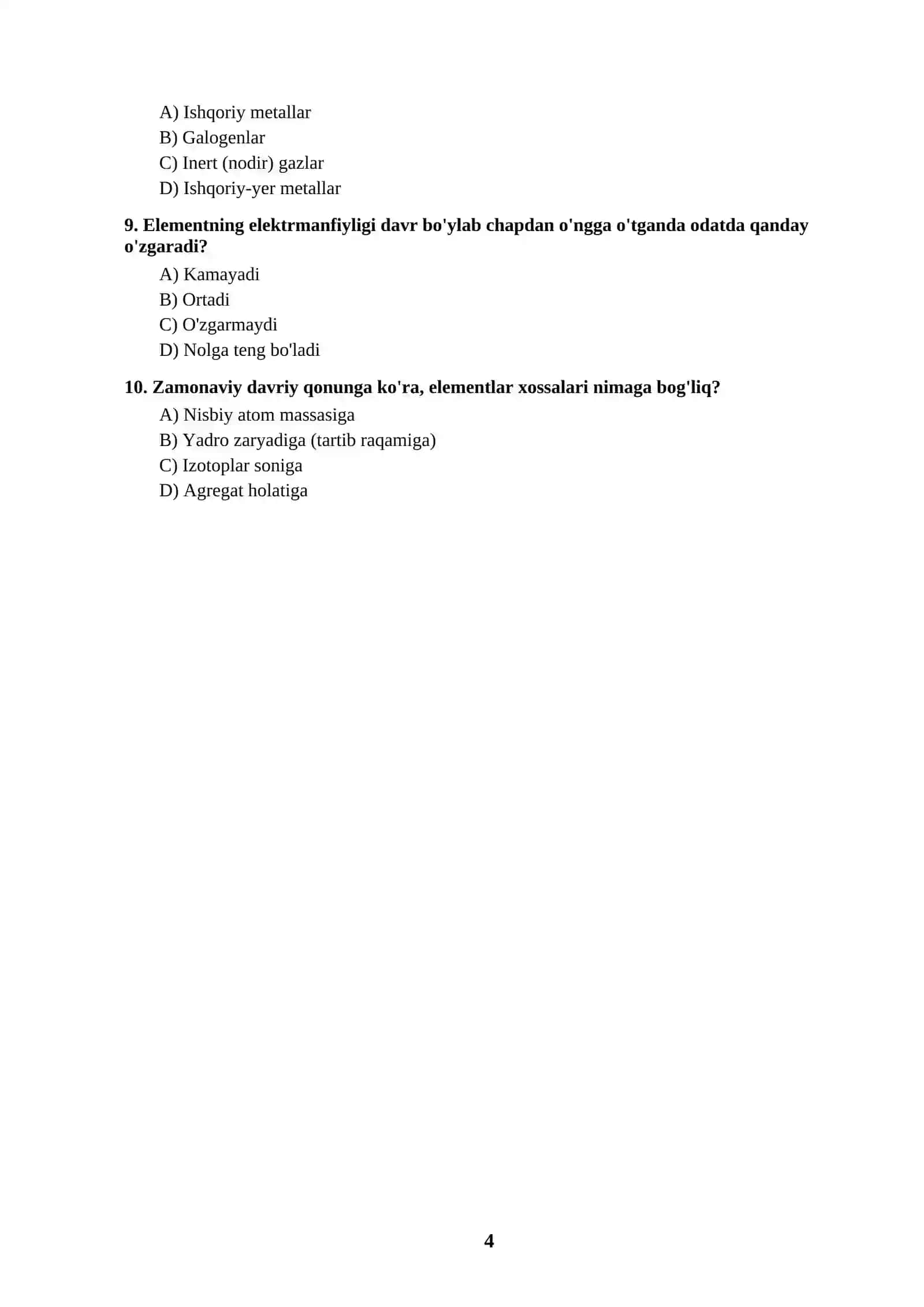 Kimyo — DTM/Milliy sertifikat uchun test to'plami (40 ta savol, javoblar bilan) 4