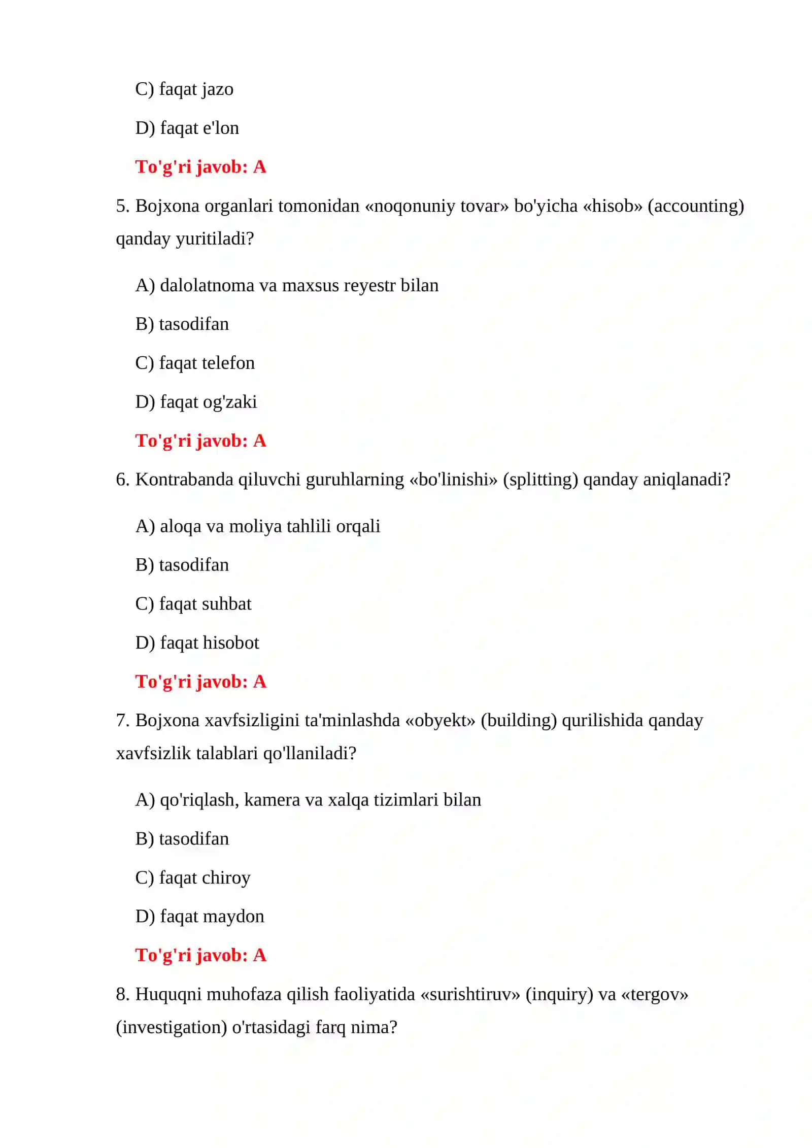 BOJXONA HUQUQBUZARLIKLARI 300 TA TEST 4