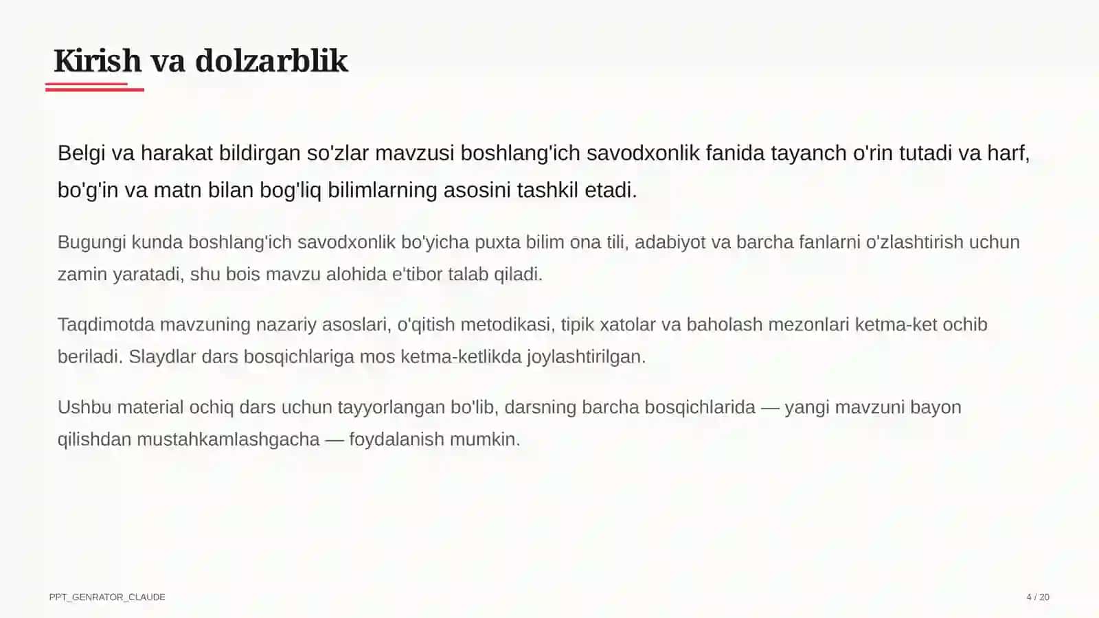 Belgi va harakat bildirgan so'zlar (2-sinf) 4