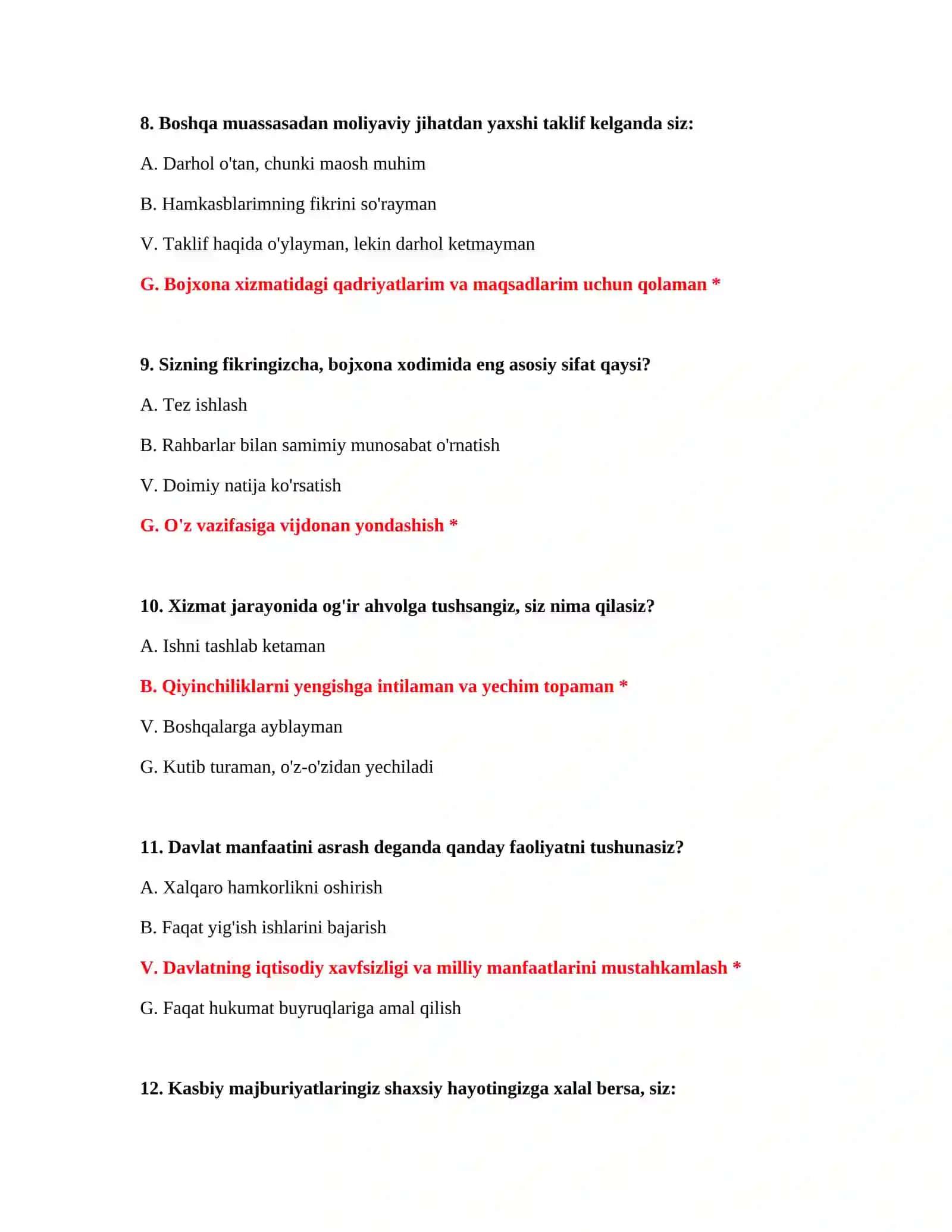 Bojxona imtihoniga tayyorlanish testlari 4