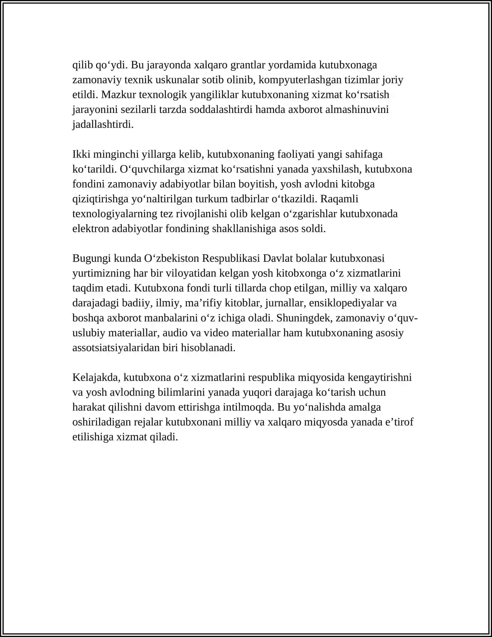 O‘ZBEKISTON RESPUBLIKASI DAVLAT BOLALAR KUTUBXONASI FAOLIYATI VA KELAJAK ISTIQBOLLARI 4